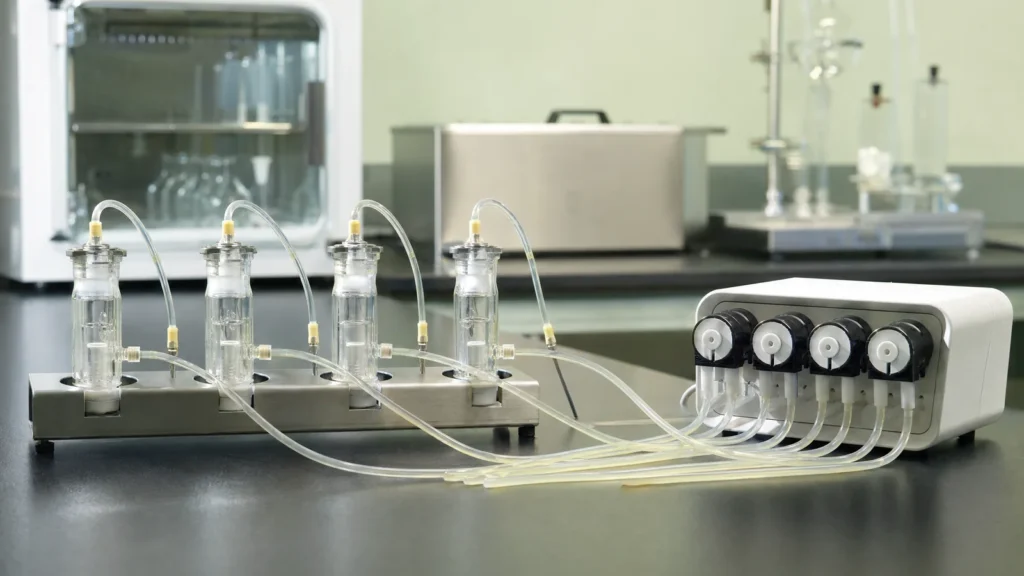 A row of small glass perifusion chambers connected by fine tubing to a multichannel peristaltic pump on a laboratory bench