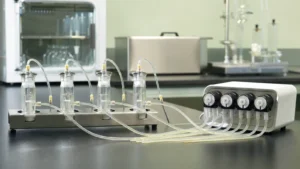 A row of small glass perifusion chambers connected by fine tubing to a multichannel peristaltic pump on a laboratory bench