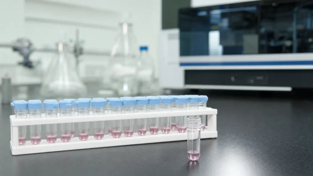 A white rack of small flow cytometry tubes with pale blue caps in front of a flow cytometer on a laboratory bench