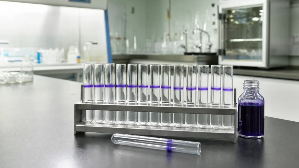 A rack of glass culture tubes each showing a violet crystal violet biofilm ring on a laboratory bench