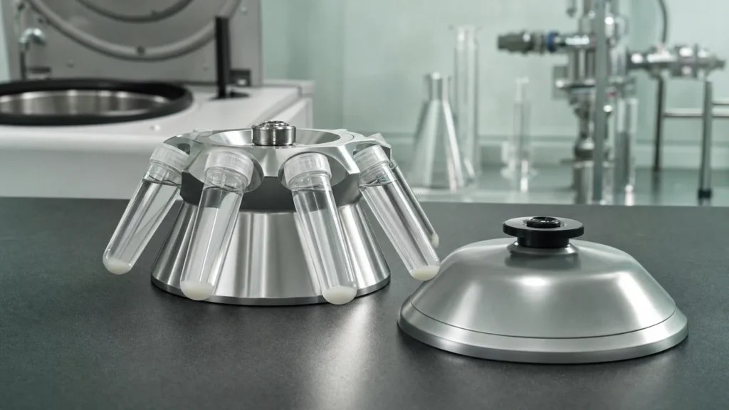 An aluminium ultracentrifuge rotor holding clear tubes with small pale pellets on a laboratory bench