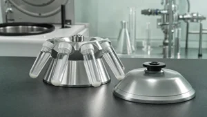An aluminium ultracentrifuge rotor holding clear tubes with small pale pellets on a laboratory bench