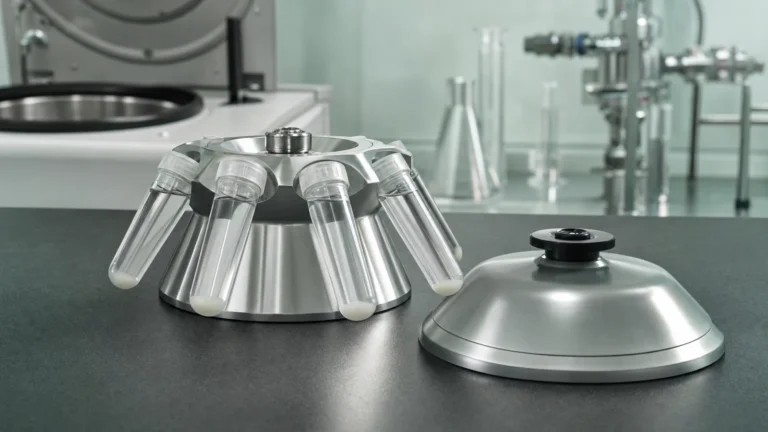 An aluminium ultracentrifuge rotor holding clear tubes with small pale pellets on a laboratory bench