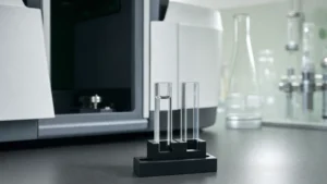 Two quartz cuvettes in a small holder in front of a spectrometer on a laboratory bench