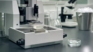 A precision vibratome with a pale agarose block in a chilled buffer bath on a laboratory bench