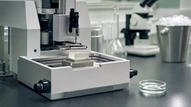 A precision vibratome with a pale agarose block in a chilled buffer bath on a laboratory bench