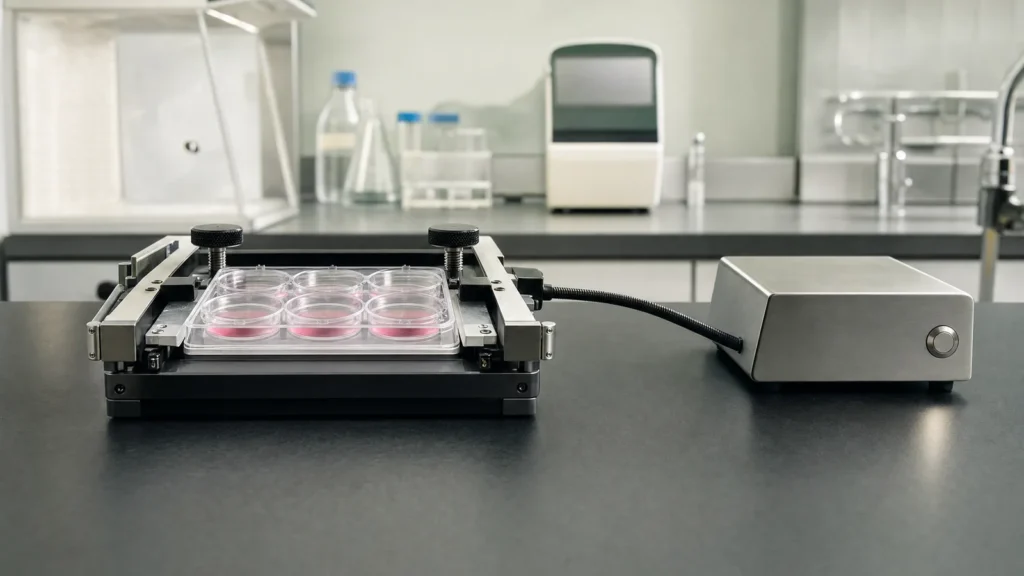 A flexible-bottom six-well culture plate clamped in a compact cell-stretching device on a laboratory bench