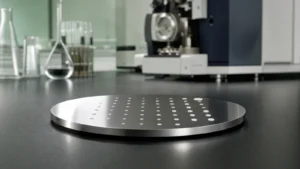 A polished stainless MALDI target plate with a grid of dried sample spots in front of a mass spectrometer on a laboratory bench
