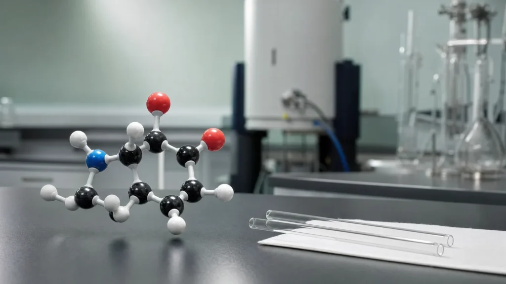 A ball-and-stick molecular model of a small organic molecule beside two glass NMR tubes on a laboratory bench