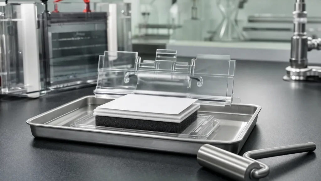 An open transfer cassette in a tray of buffer with sponge pad, filter paper and a blank membrane on a laboratory bench