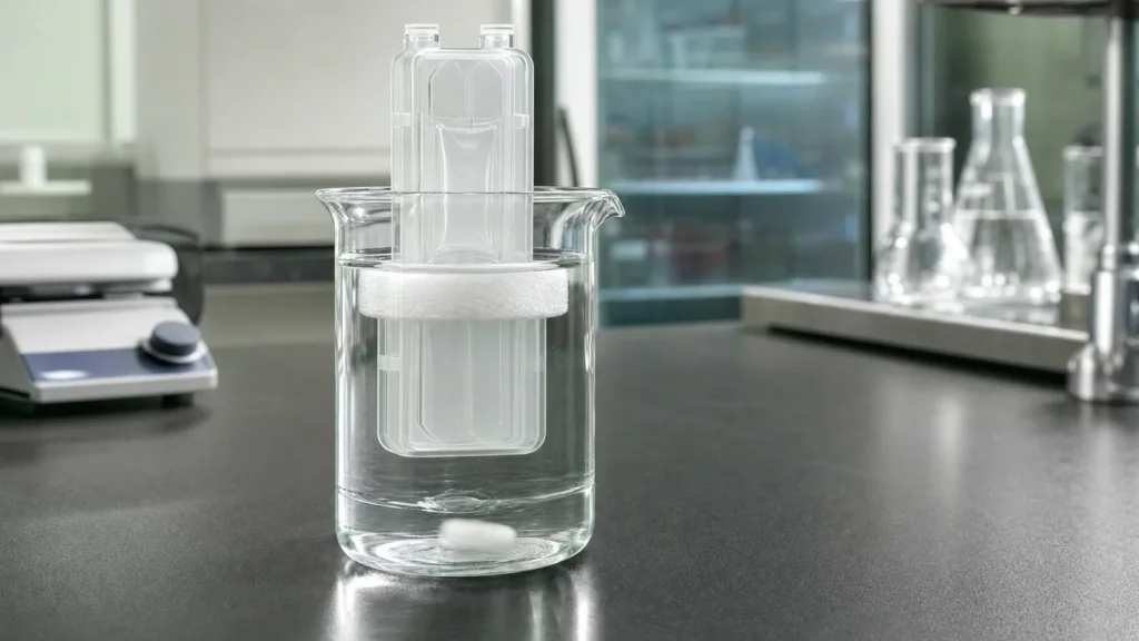 A dialysis cassette held by a foam buoy floating in a beaker of stirred buffer on a laboratory bench