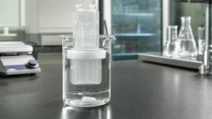 A dialysis cassette held by a foam buoy floating in a beaker of stirred buffer on a laboratory bench