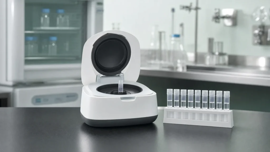 A compact luminometer with its sample chamber open and a small assay tube inside, beside a rack of assay tubes on a laboratory bench