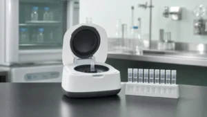 A compact luminometer with its sample chamber open and a small assay tube inside, beside a rack of assay tubes on a laboratory bench