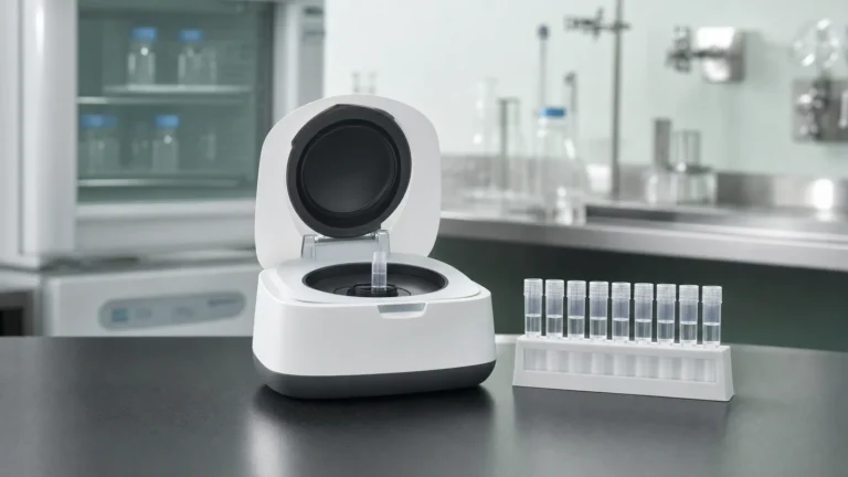 A compact luminometer with its sample chamber open and a small assay tube inside, beside a rack of assay tubes on a laboratory bench