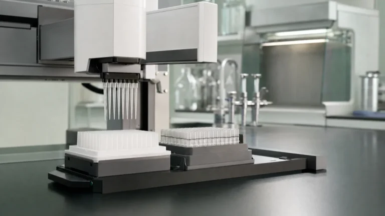 The gantry head of a benchtop liquid handling robot holding pipette tips above a tip rack and tube rack on a laboratory bench