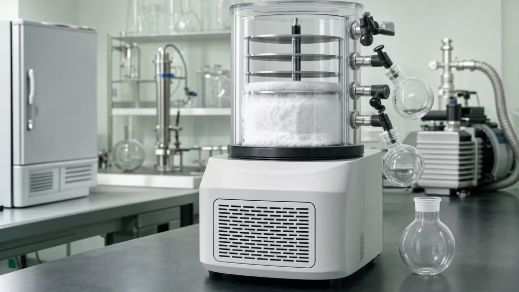 A benchtop freeze dryer with an iced condenser chamber and round-bottom flasks attached to its manifold ports on a laboratory bench
