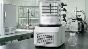 A benchtop freeze dryer with an iced condenser chamber and round-bottom flasks attached to its manifold ports on a laboratory bench