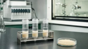 Three fritted glass reaction vessels holding pale resin beads under clear solvent in a stainless rack, with a dish of loose resin beads beside them on a laboratory bench