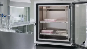 The open interior of a stainless cell culture incubator holding clear multiwell culture plates on perforated shelves