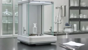 An analytical balance with its draft shield open and a small glass weighing bottle on the pan beside fine tweezers on a laboratory bench
