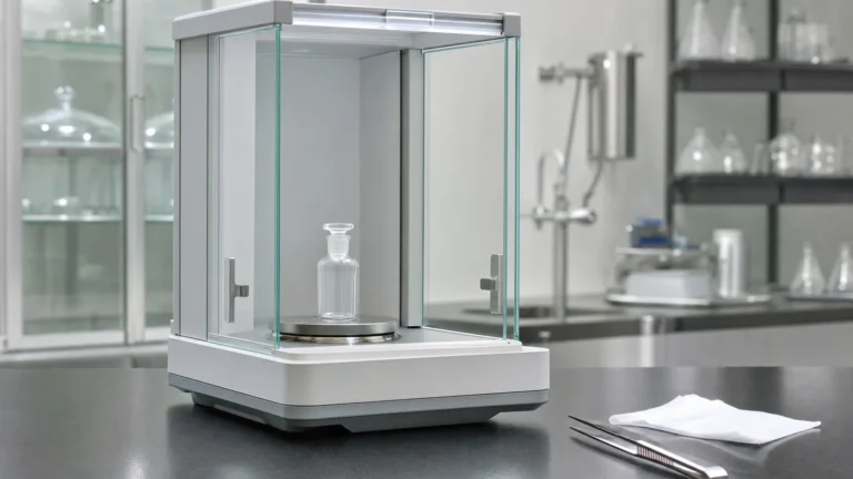 An analytical balance with its draft shield open and a small glass weighing bottle on the pan beside fine tweezers on a laboratory bench