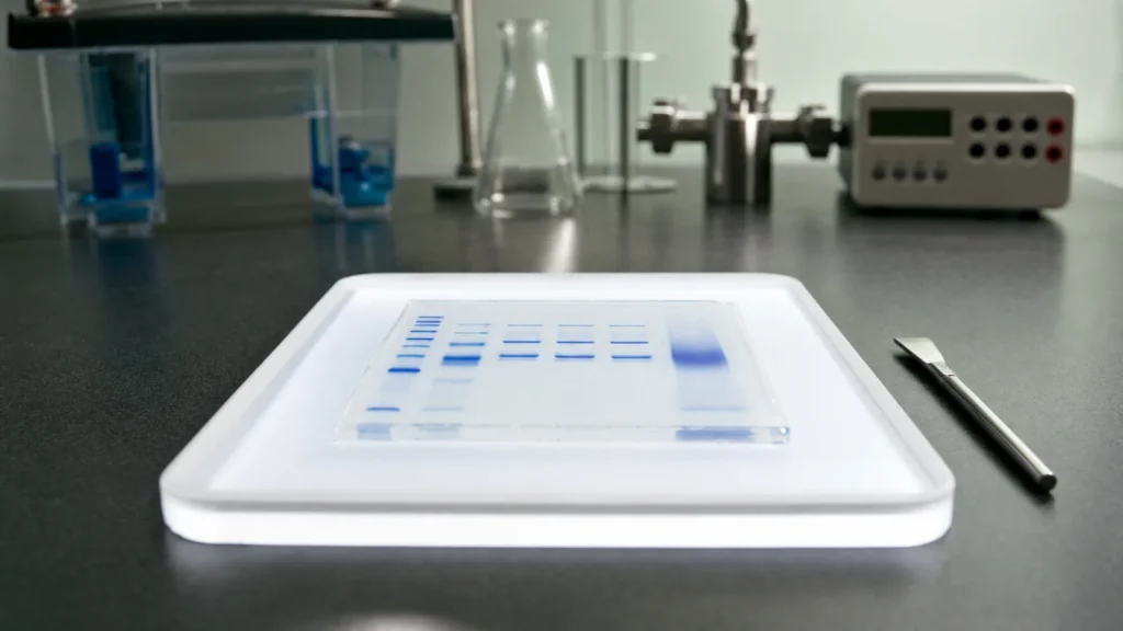 A polyacrylamide gel with blue protein bands, one lane showing a broad diffuse band, on a white light box on a laboratory bench