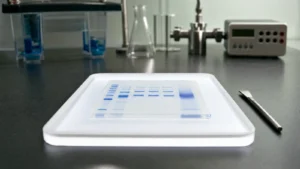 A polyacrylamide gel with blue protein bands, one lane showing a broad diffuse band, on a white light box on a laboratory bench