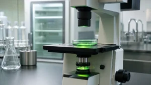 A glass-bottom culture dish glowing faint green on the stage of an inverted fluorescence microscope