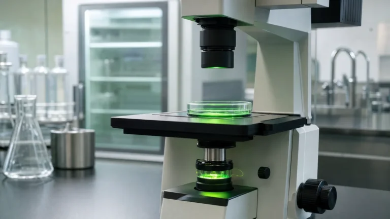 A glass-bottom culture dish glowing faint green on the stage of an inverted fluorescence microscope