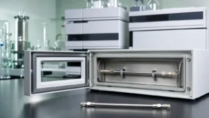 The open door of an HPLC column oven showing a stainless analytical column connected by fine tubing, with a spare column on the bench in front
