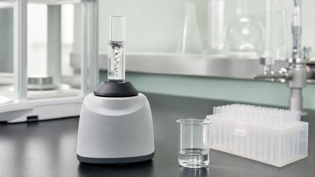 A glass test tube of clear liquid swirling on a laboratory vortex mixer, beside a small beaker and a rack of pipette tips