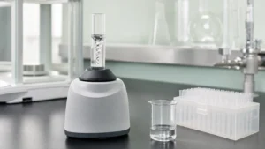 A glass test tube of clear liquid swirling on a laboratory vortex mixer, beside a small beaker and a rack of pipette tips