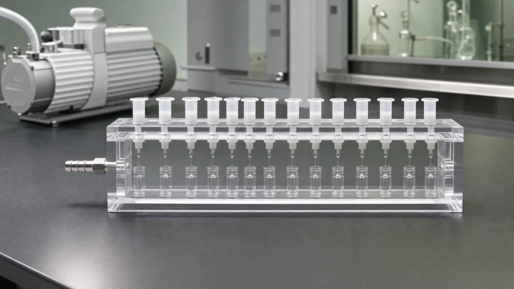 A vacuum manifold with a row of solid-phase extraction cartridges dripping eluate into glass tubes on a laboratory bench