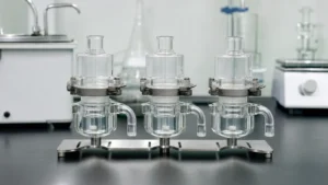 Three water-jacketed glass Franz diffusion cells in a stainless holder on a laboratory bench