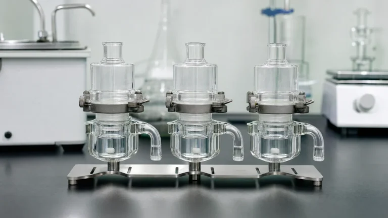 Three water-jacketed glass Franz diffusion cells in a stainless holder on a laboratory bench