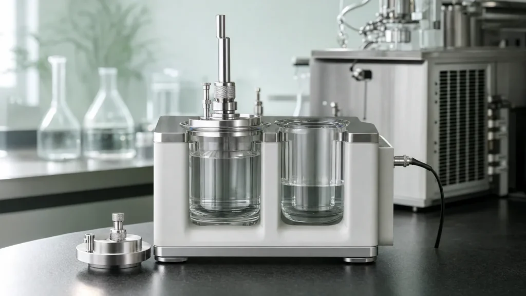 A two-chamber respirometer with water-jacketed glass chambers and a stopper lowered into one chamber on a laboratory bench