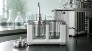 A two-chamber respirometer with water-jacketed glass chambers and a stopper lowered into one chamber on a laboratory bench