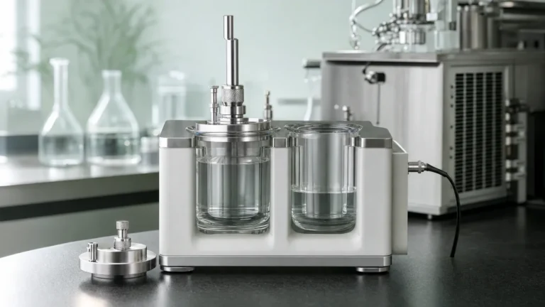 A two-chamber respirometer with water-jacketed glass chambers and a stopper lowered into one chamber on a laboratory bench