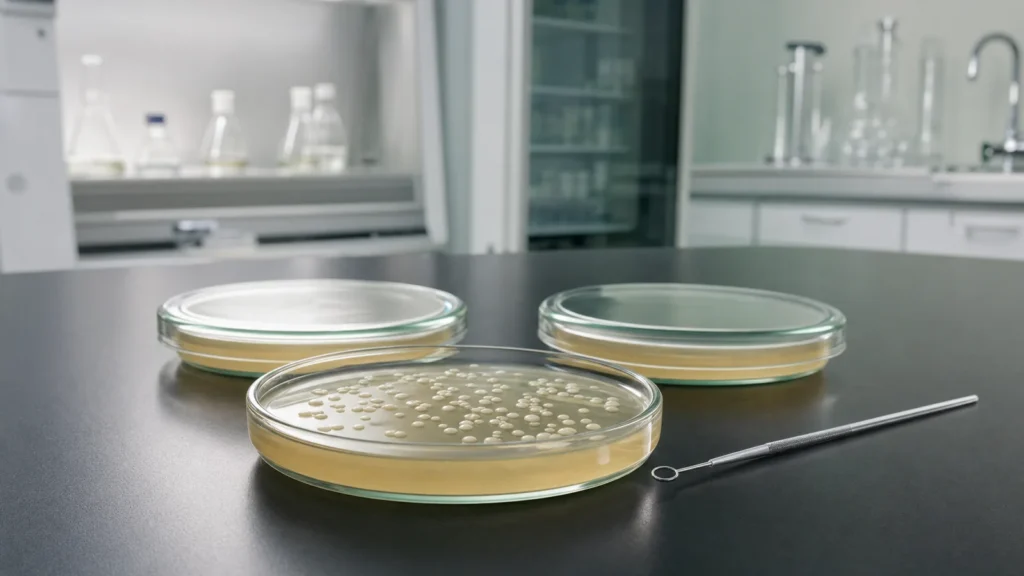 Petri dishes of pale agar, one open to show small creamy yeast colonies, beside an inoculating loop on a laboratory bench