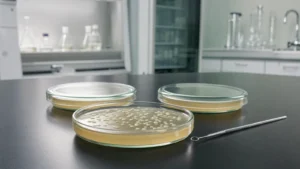 Petri dishes of pale agar, one open to show small creamy yeast colonies, beside an inoculating loop on a laboratory bench