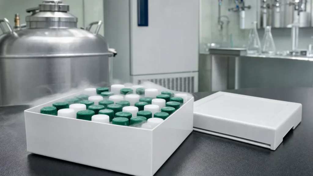 A cryostorage box of frosted cryovials with green and white caps beside a liquid nitrogen dewar on a laboratory bench