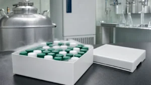 A cryostorage box of frosted cryovials with green and white caps beside a liquid nitrogen dewar on a laboratory bench