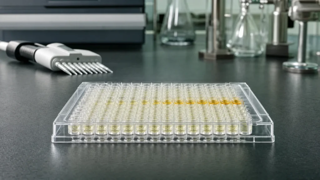 A 96-well immunoassay microplate holding a graded calibration series, with an eight-channel pipette and a plate reader on a laboratory bench