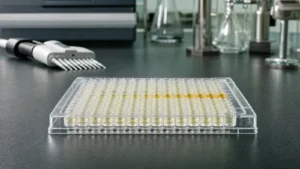 A 96-well immunoassay microplate holding a graded calibration series, with an eight-channel pipette and a plate reader on a laboratory bench