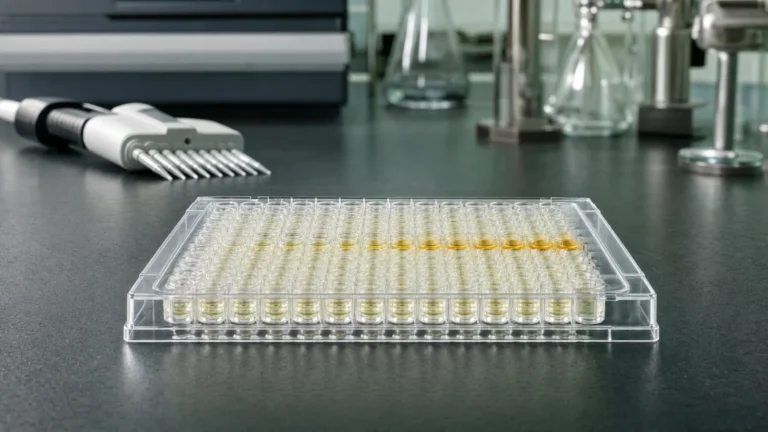 A 96-well immunoassay microplate holding a graded calibration series, with an eight-channel pipette and a plate reader on a laboratory bench