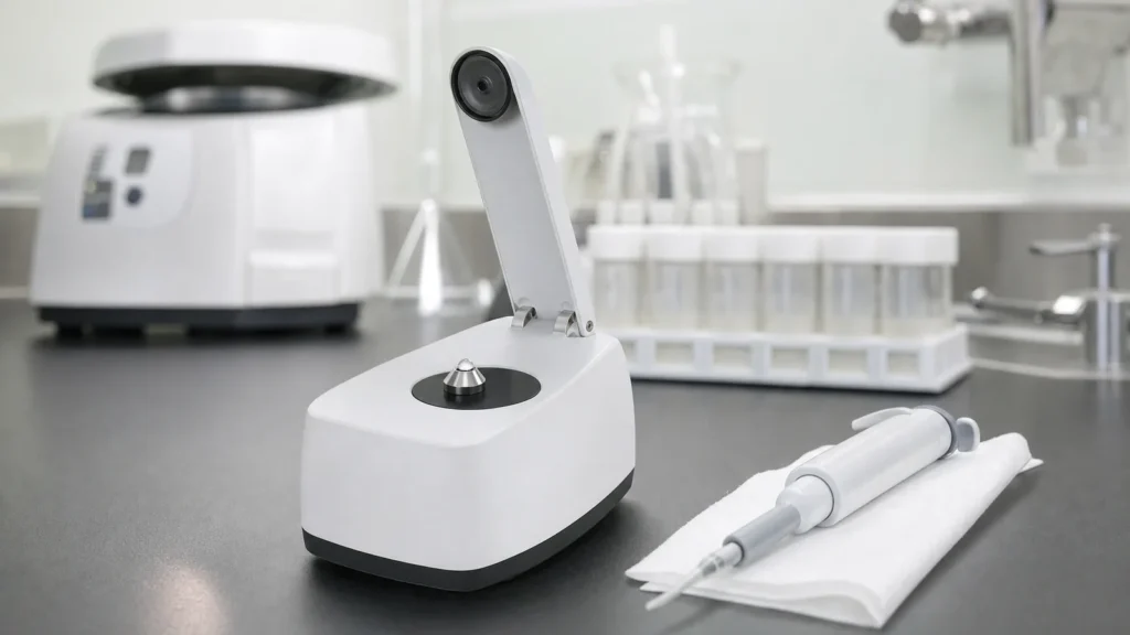 A microvolume spectrophotometer with its arm raised and a tiny droplet on the measurement pedestal on a laboratory bench