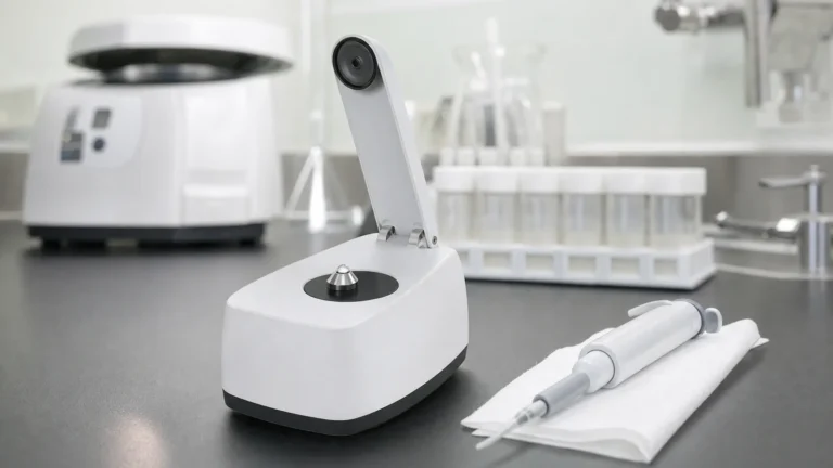 A microvolume spectrophotometer with its arm raised and a tiny droplet on the measurement pedestal on a laboratory bench