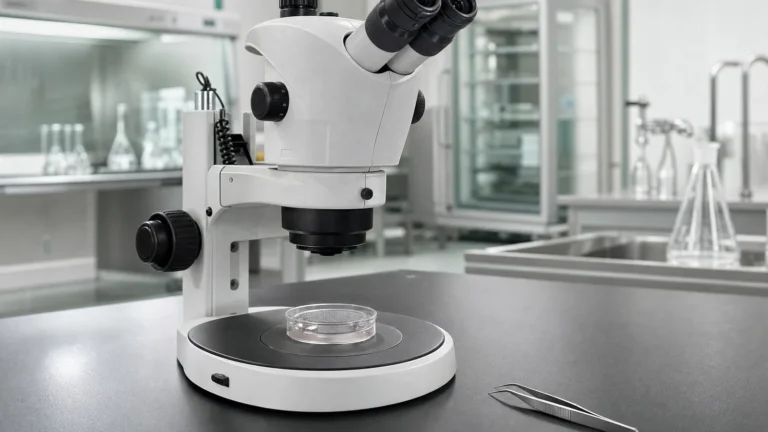 A stereo dissecting microscope over a culture dish holding a stainless mesh insert above clear medium on a laboratory bench