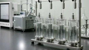 A row of tall water-jacketed glass organ bath chambers with bubbling buffer and force transducers above on a laboratory bench